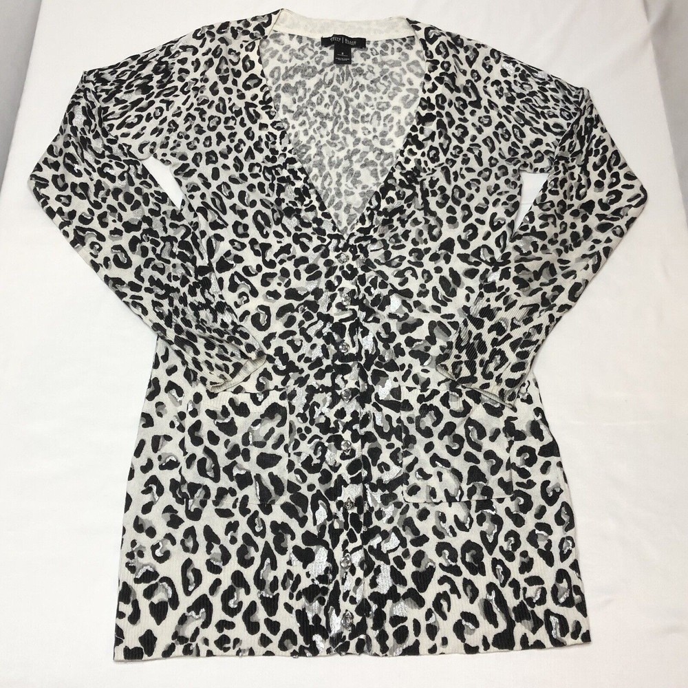 White House Black Market SMALL Long Cardigan Sweater Leopard Print Silver Button